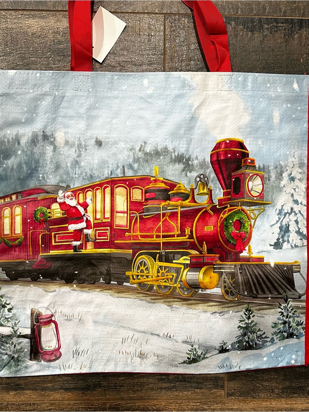 Holiday Train Print Tote Bag - Red & Gold